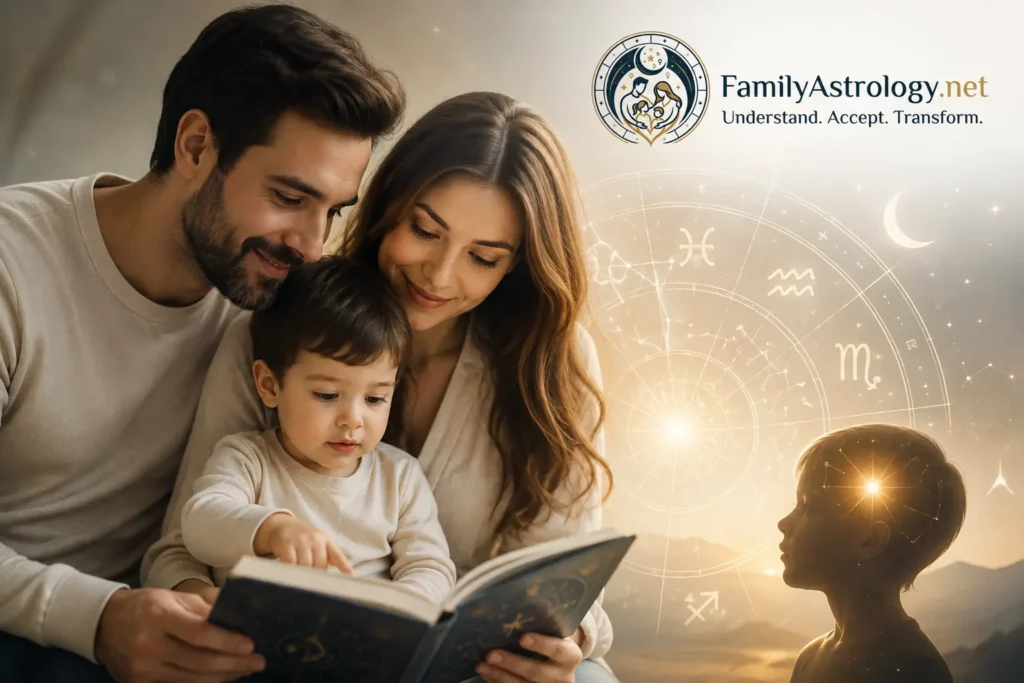 Parents and child exploring personalized child development insights with astrology and a birth chart